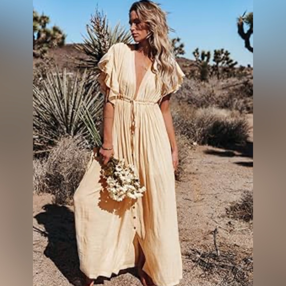 Peach Love California  Cream Ruffle Maxi Dress